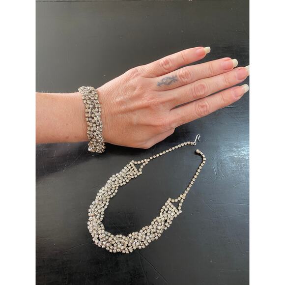 1950s rhinestone necklace and bracelet braided choker wedding prom 50s jewelry - Picture 2 of 8